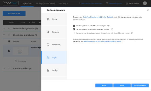 The Logic step available for Outlook (client-side) signature rules.