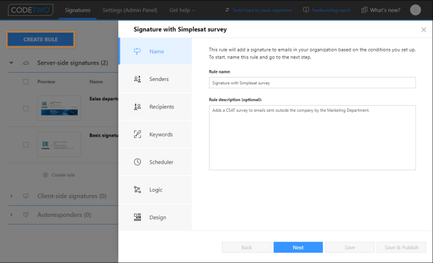 Creating a new email signature rule.