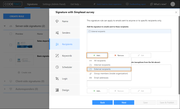 Only emails sent to external recipients will get an email signature with the survey.