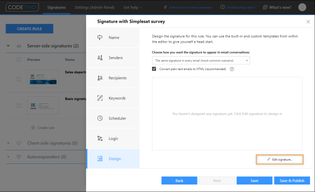 Accessing the signature template editor.