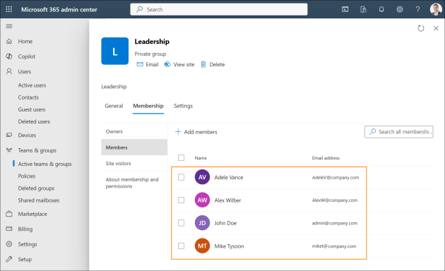 Group members shown in the Microsoft 365 admin center.