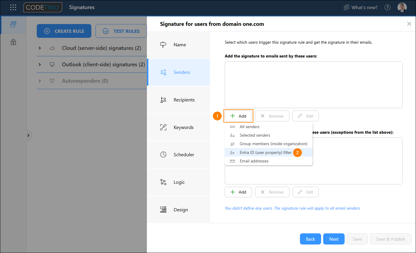 Adding the Entra ID (user property) filter in the Senders step.