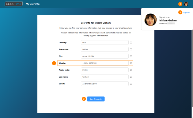 User adds their mobile phone number on the My user info page.