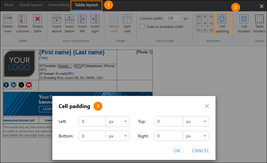 Adjusting cell padding on the Table layout tab.