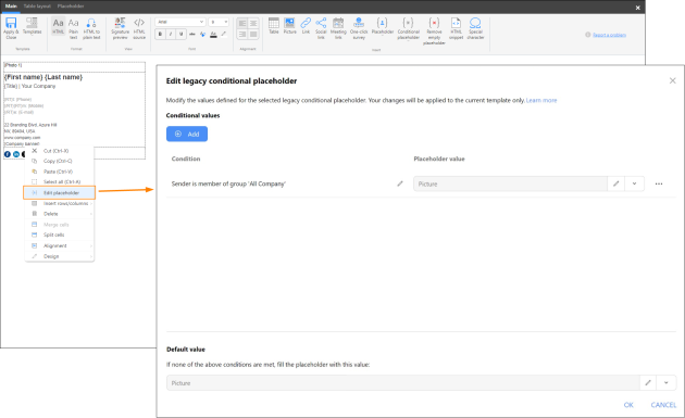 Editing the legacy conditional placeholders.