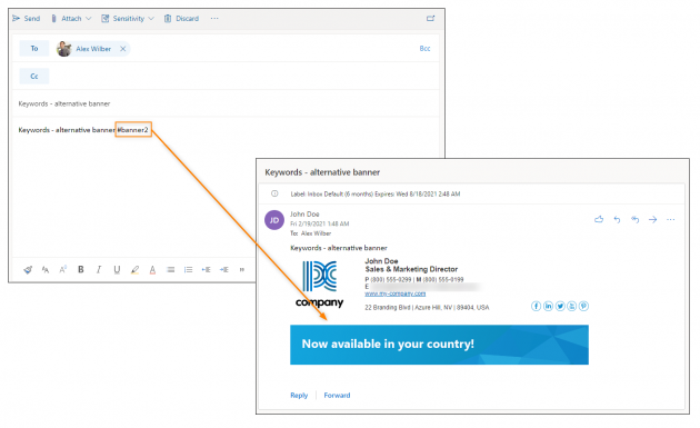 When a keyword is found by the program, a different signature is added to the outgoing email.