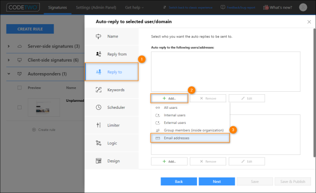 This option lets you define specific email addresses to which automatic replies will be sent.