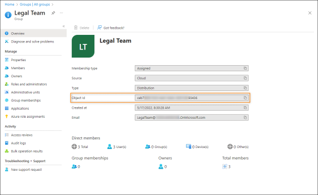 Copying the group’s Object ID value from the Microsoft Entra admin center.