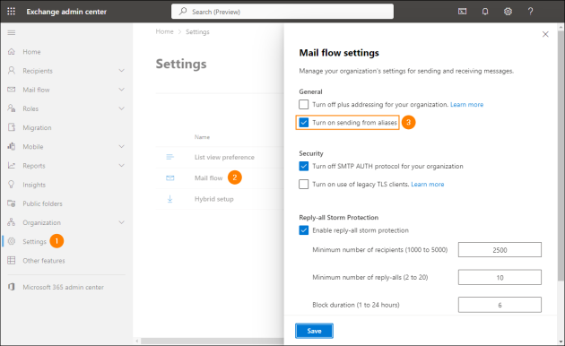 Enabling sending emails from aliases in the Exchange admin center.