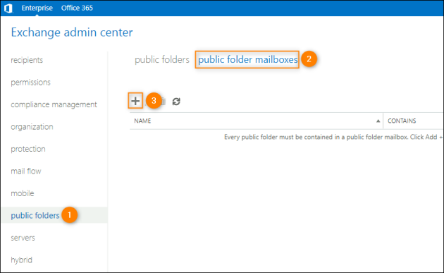 Accessing the public folder mailboxes page in the classic Exchange admin center.