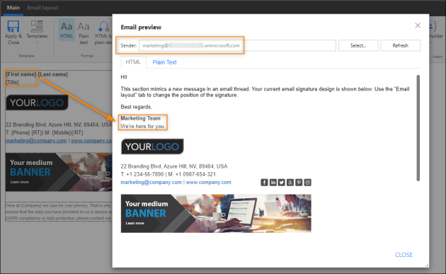 Choosing the shared mailbox as a sender, you can see placeholders replaced with the details you provided.