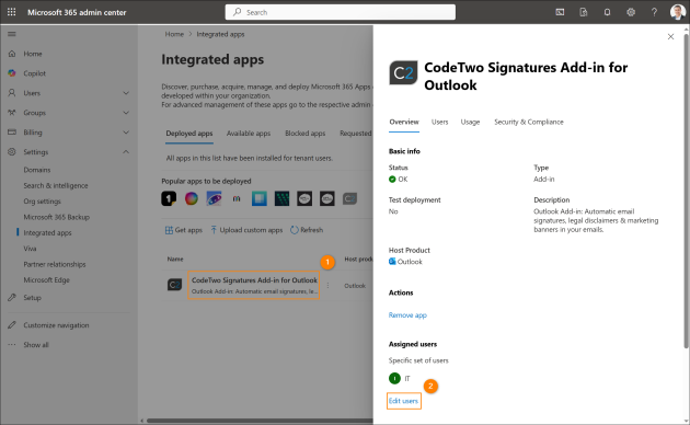 Editing the add-in users directly from the Integrated apps page.