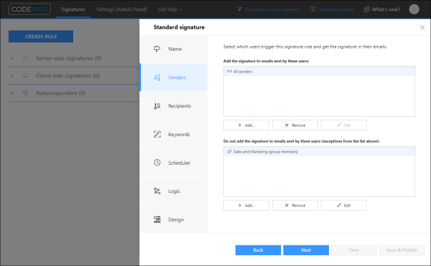Configuration of Senders in the signature management app.