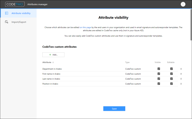 A set of CodeTwo custom attributes that will store users’ details in the Arabic language.
