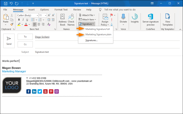 You can use Outlook's ribbon to add/change a signature.