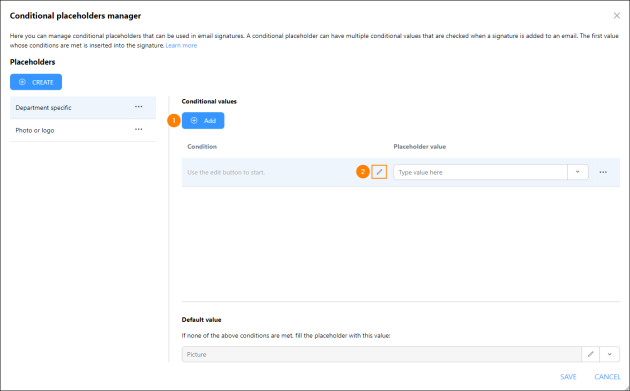 Adding a new conditional value and accessing the conditions builder.