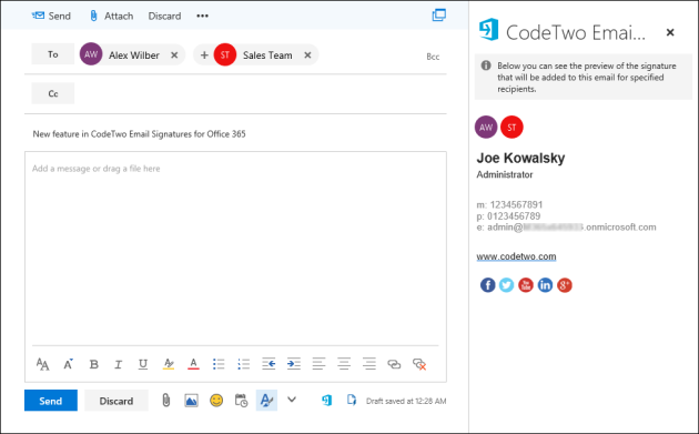 The signature preview pane is displayed next to the reading pane (OWA).