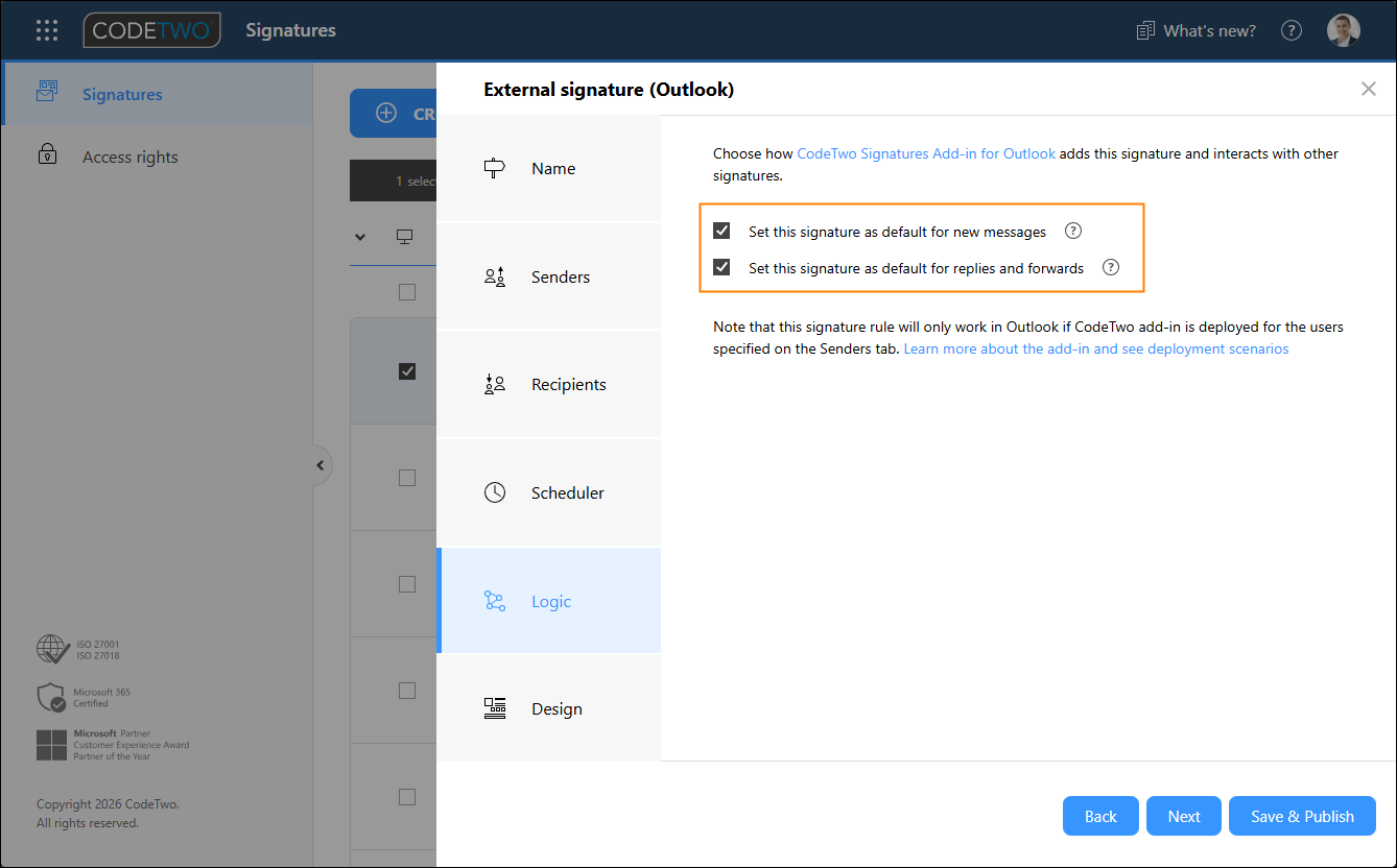 Select these options if you want this signature to be added automatically to emails in Outlook.