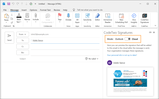 The toggle lets you switch between cloud (server-side) and Outlook (client-side) signatures.