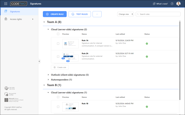 An example setup of cloud rules in teams in CodeTwo’s Signatures app.