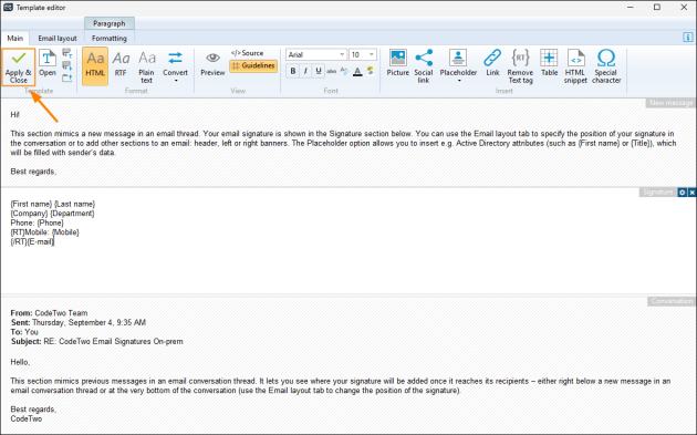 Saving a new signature in the template editor.