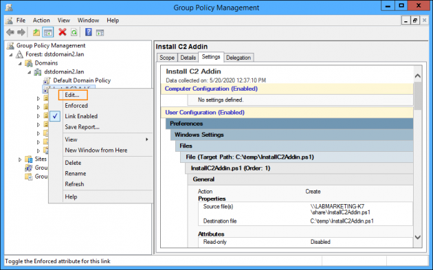 Editing the GPO used to install the signatures add-in.