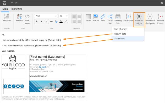 Inserting the CodeTwo custom attribute into the OOF reply template.