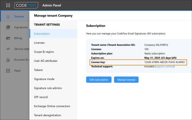 A license key assigned to the CodeTwo Email Signatures 365 subscription.