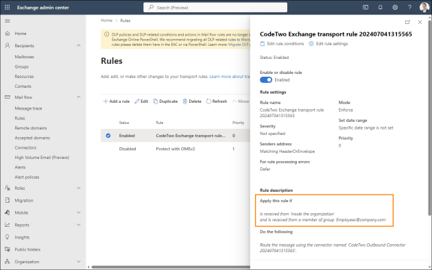 Here you can check which emails are routed through CodeTwo to get cloud signatures.