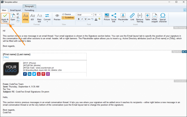 Saving the newly created signature template.