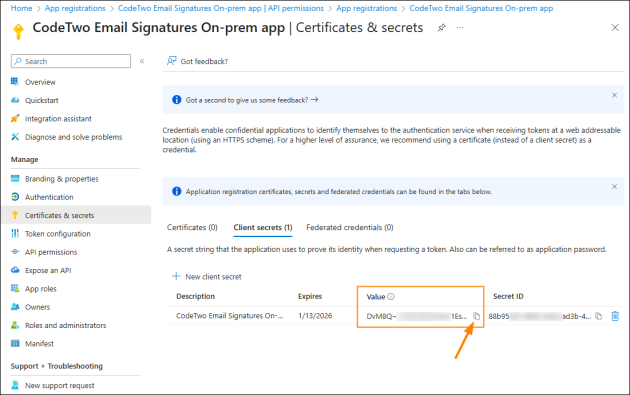 How to copy the client secret value to clipboard.