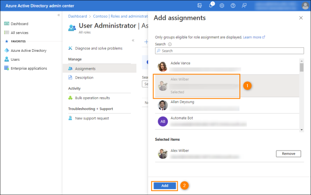 Assigning admin roles to users/groups in the Azure AD admin center.