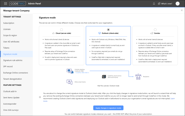 Changing the signature mode in CodeTwo Admin Panel.