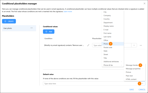 Setting the default value of the conditional placeholder.