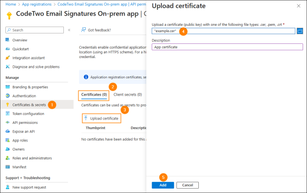 Assigning a certificate in Entra ID.