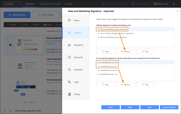 Removing users and groups from a rule imported from a different Microsoft 365 tenant.