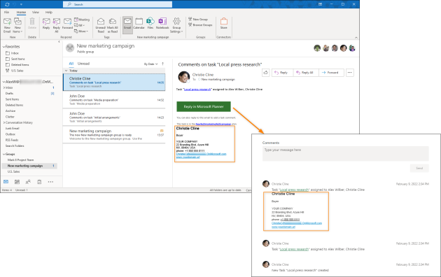 Signature in the Outlook desktop app and in Planner.