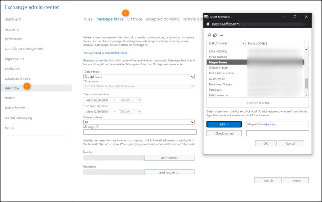 Preparing a message trace query in the classic version of the Exchange admin center.