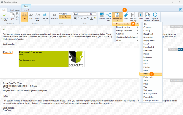 Inserting the {Photo} placeholder into a signature.