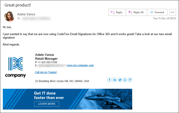An example of a signature added to external email in cloud (server-side) mode. 