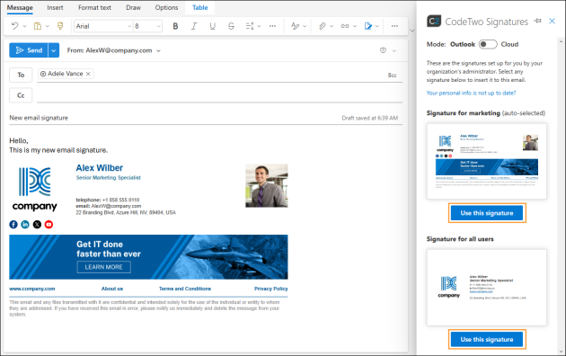 Outlook (client-side) signatures can be viewed in and inserted from the CodeTwo Signatures pane.