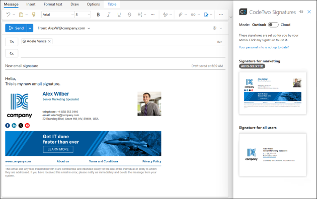 Outlook (client-side) signatures can be viewed in and inserted from the CodeTwo add-in pane.