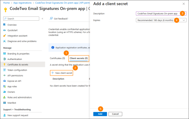 Creating a new client secret for an application registered in Entra ID.