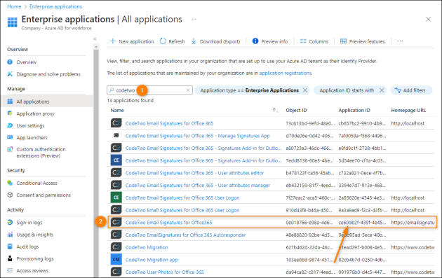 Finding the CodeTwo Admin Panel app to access its settings.