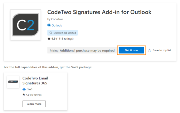 Getting the CodeTwo Signatures Add-in for Outlook from Microsoft AppSource.