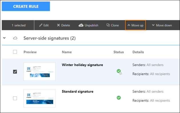 Using the Move up button to place a rule on top of the server-side signatures list.