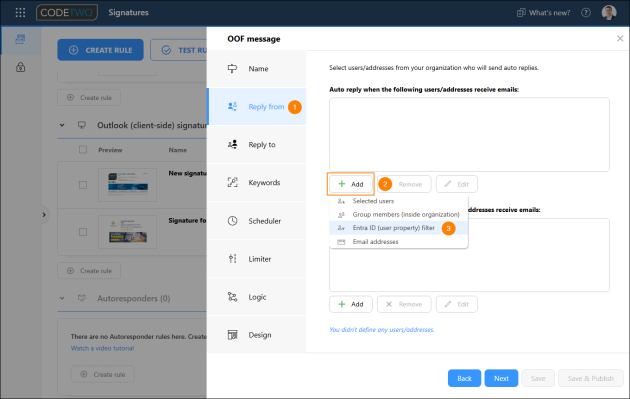 Choosing the Entra ID (user property) filter condition.