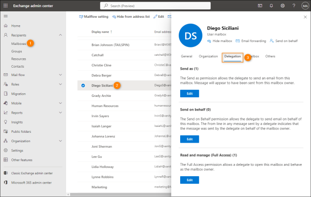 Managing delegate permissions to a user mailbox in EAC in Exchange Online.
