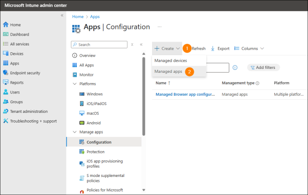 Accessing the app configuration policy wizard.