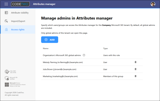 The Access rights tab in the Attributes manager app.